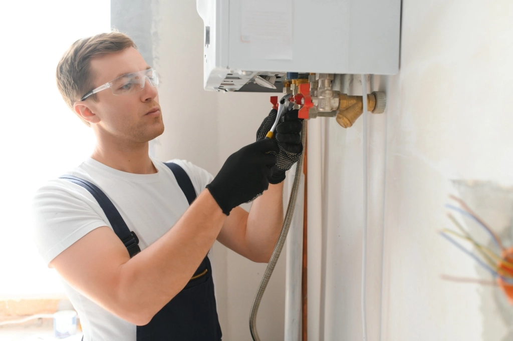man fixing a water heater