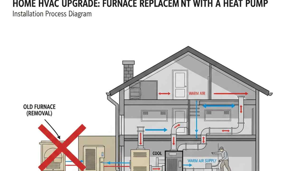 Diagram showing a home with indoor and outdoor heat pump components during a furnace replacement.