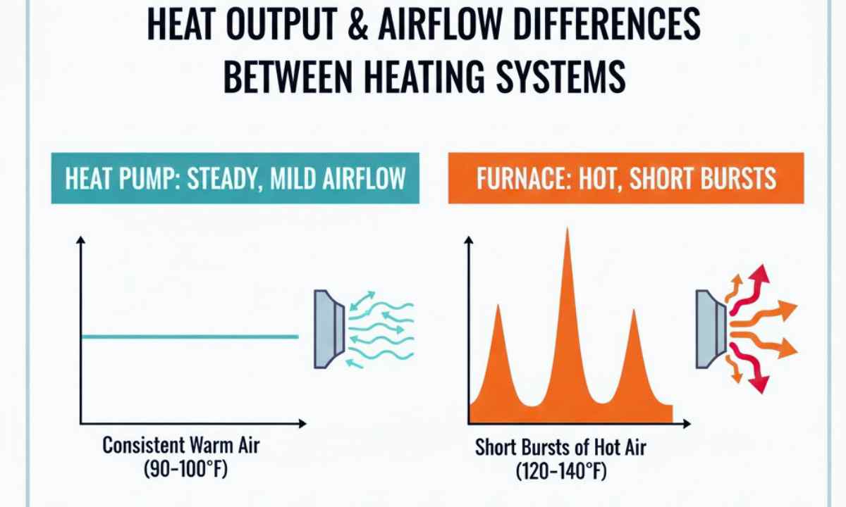 Diagram comparing steady warm airflow from a heat pump versus hotter short bursts of air from a furnace