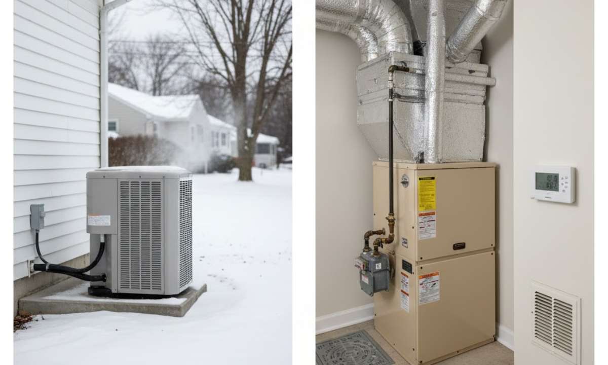 Split image showing a heat pump outdoor unit and a home furnace setup to compare heating options for Sussex County homes.