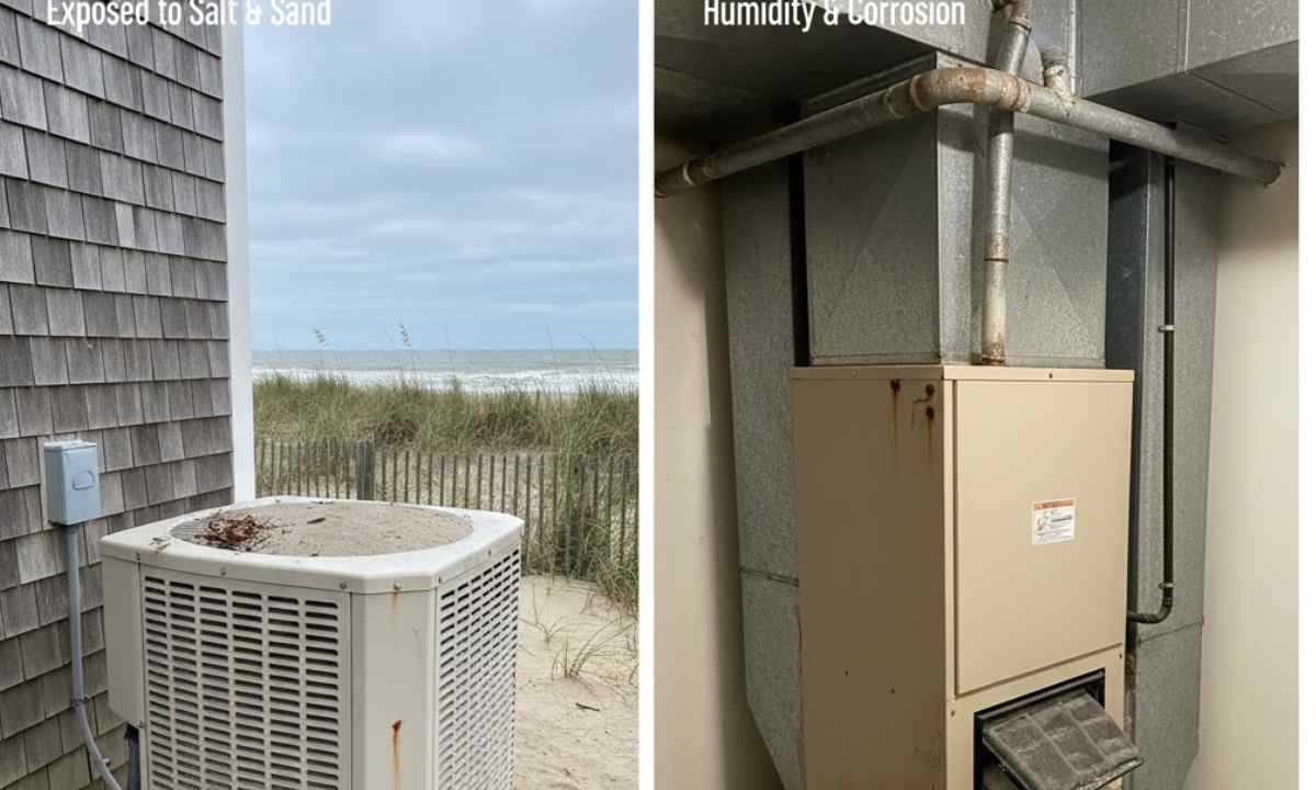 Outdoor heat pump and furnace components exposed to coastal weather and requiring regular maintenance.