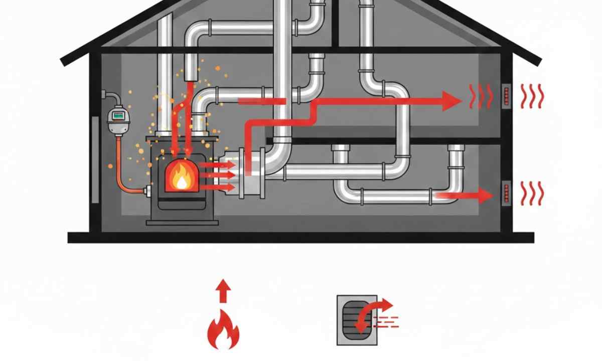 Illustration showing a furnace generating heat through combustion and distributing hot air through ductwork.