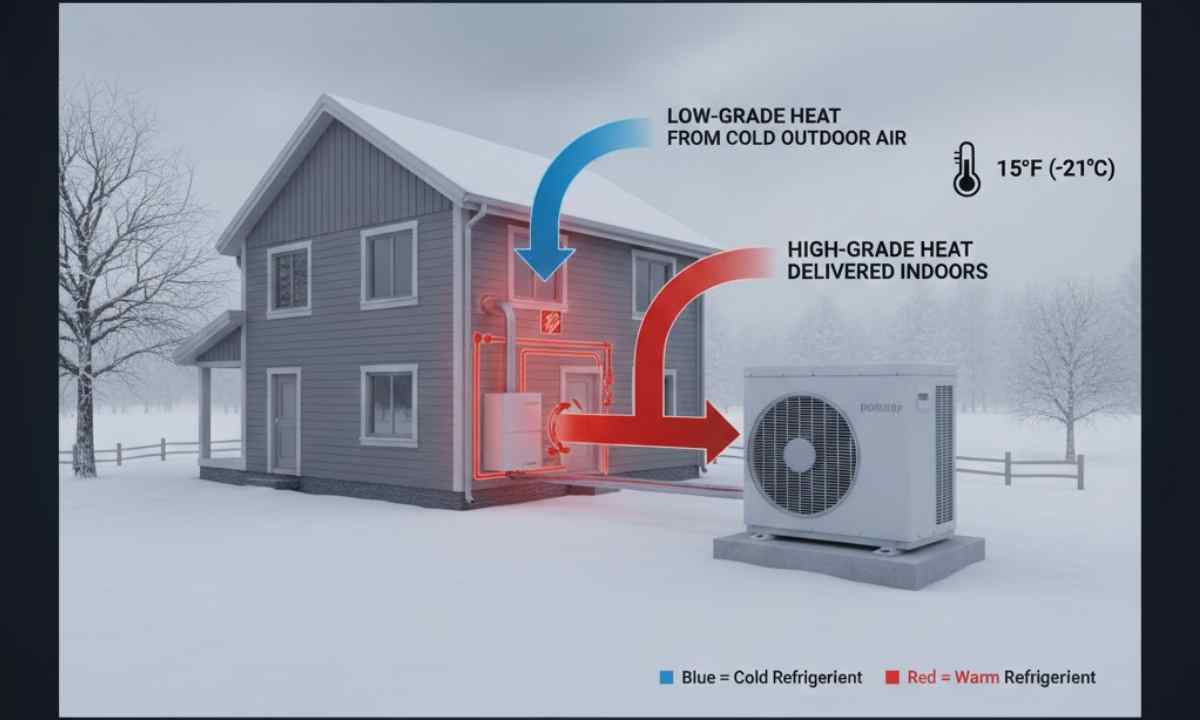 Diagram showing an air-source heat pump transferring heat from outdoor air into a home during winter operation.