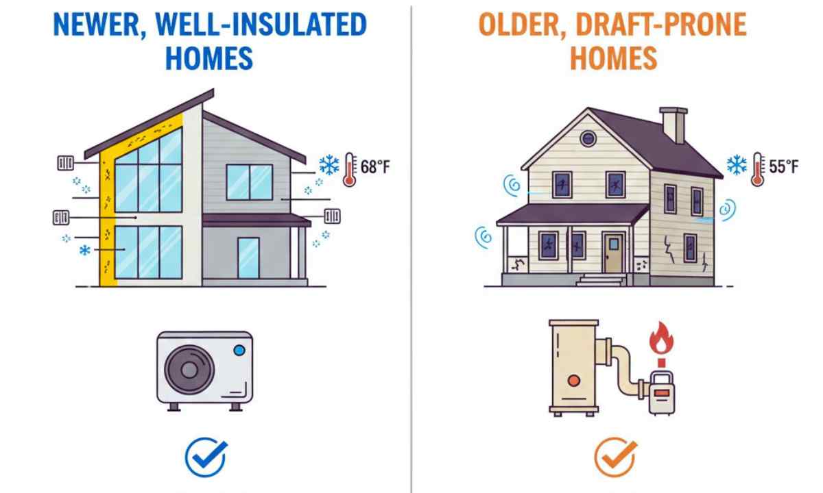 Illustration comparing newer well-insulated homes and older draft-prone homes with different heating system fits.