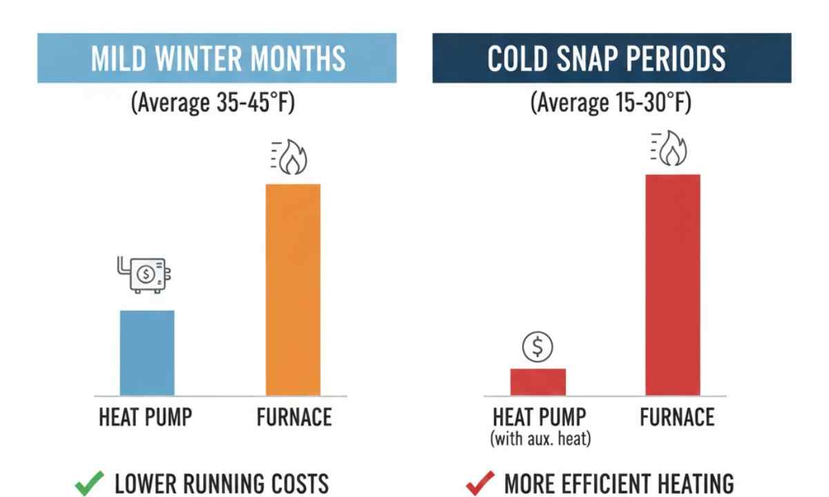 Illustration comparing heating costs during mild winter months versus cold snap periods in Sussex County homes.