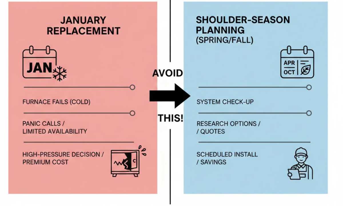 Timeline graphic comparing winter emergency furnace replacement with proactive shoulder-season planning.