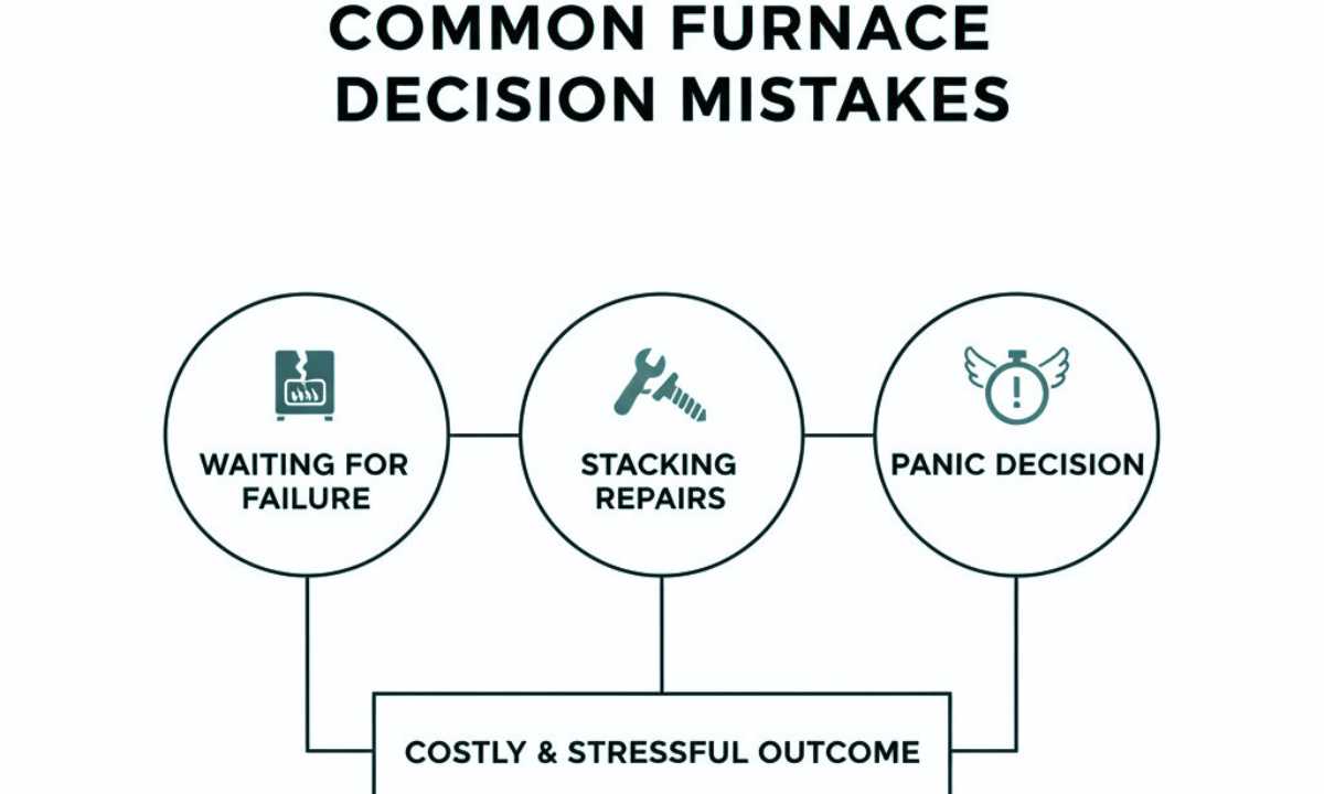 Three common furnace decision mistakes: waiting for failure, repeated repairs, and pressure-driven choices.