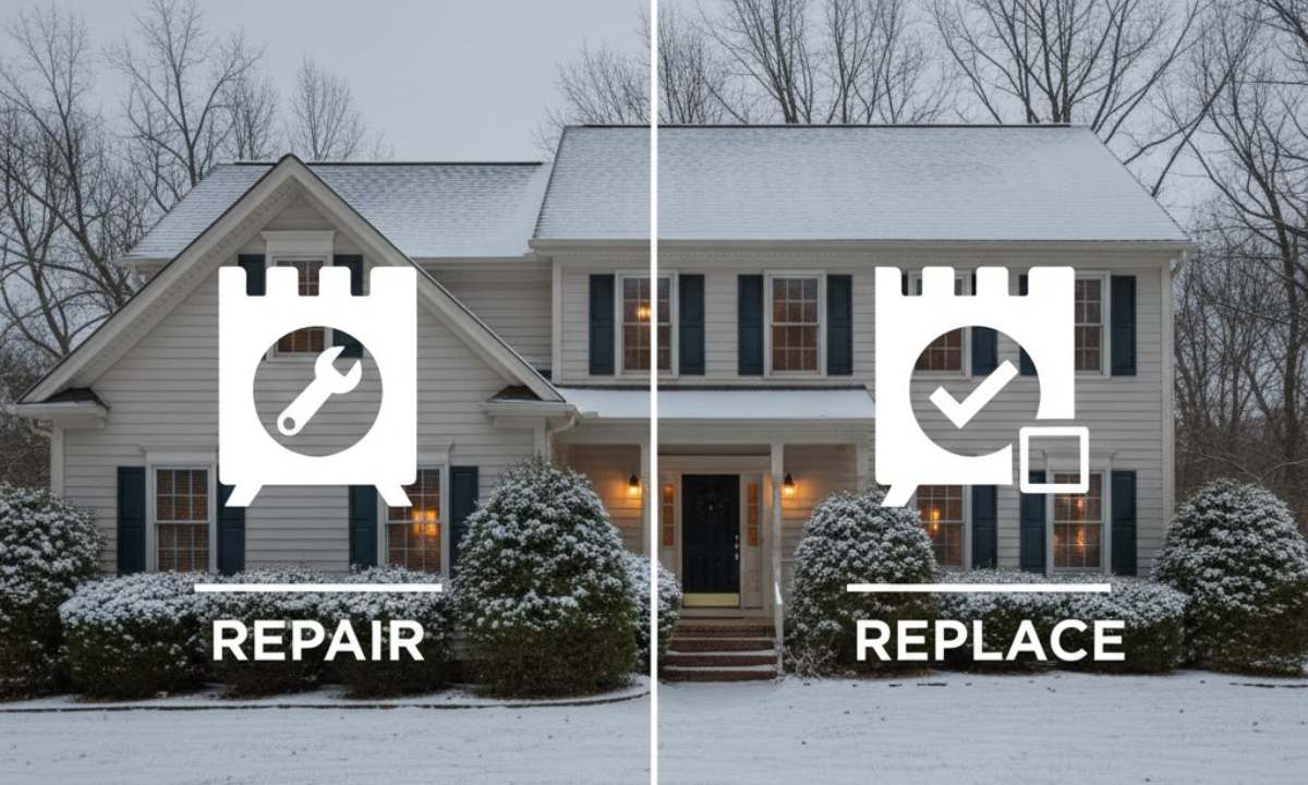 Home in winter with a repair versus replace furnace decision graphic for Sussex County homeowners.