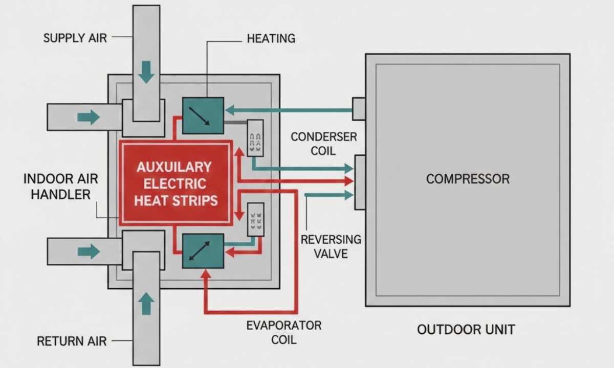 Diagram showing heat pump switching to auxiliary electric heat