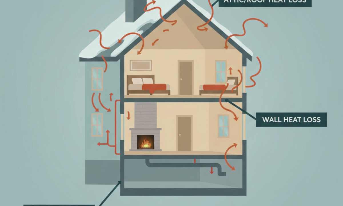 Illustration showing heat loss through attic, walls, and ductwork