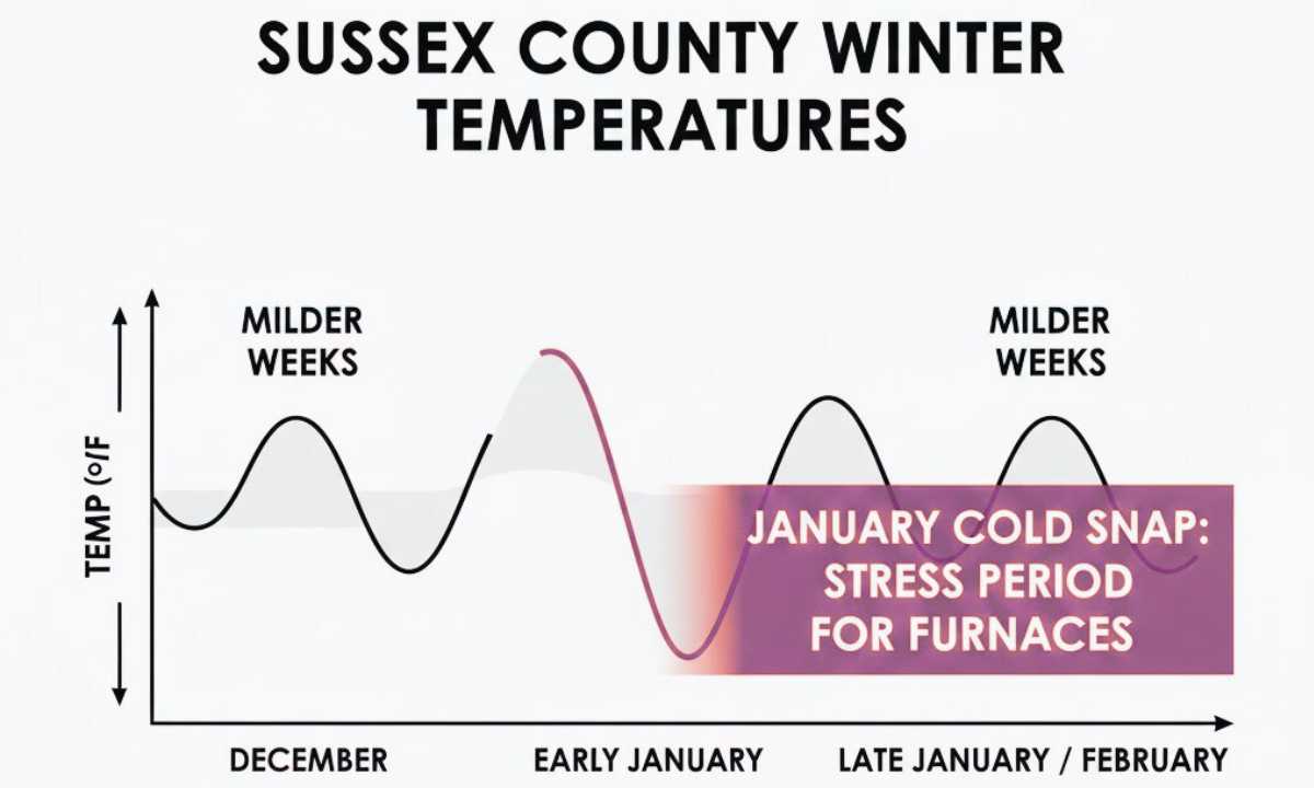 Simple winter pattern graphic showing mild periods and January cold snaps that stress older furnaces.
