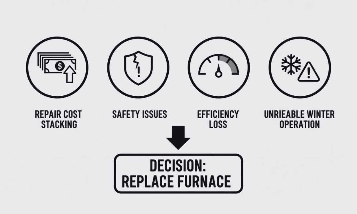 Four signals that replacement is smarter: rising repair totals, safety concerns, efficiency loss, and winter reliability problems.