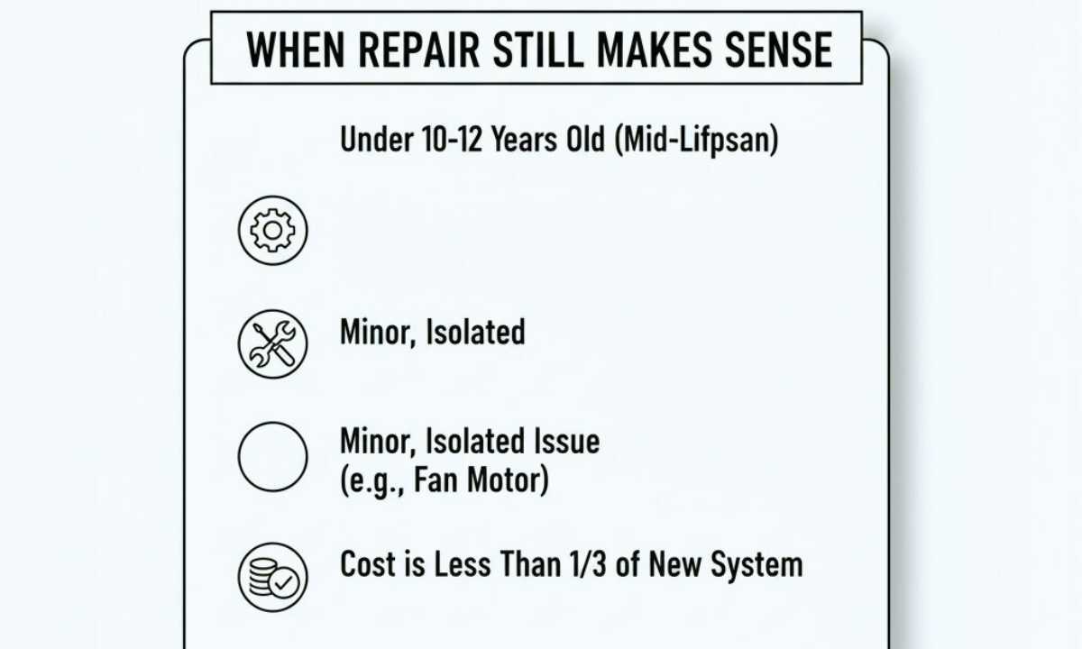 Checklist showing situations where furnace repair is still financially reasonable for homeowners.