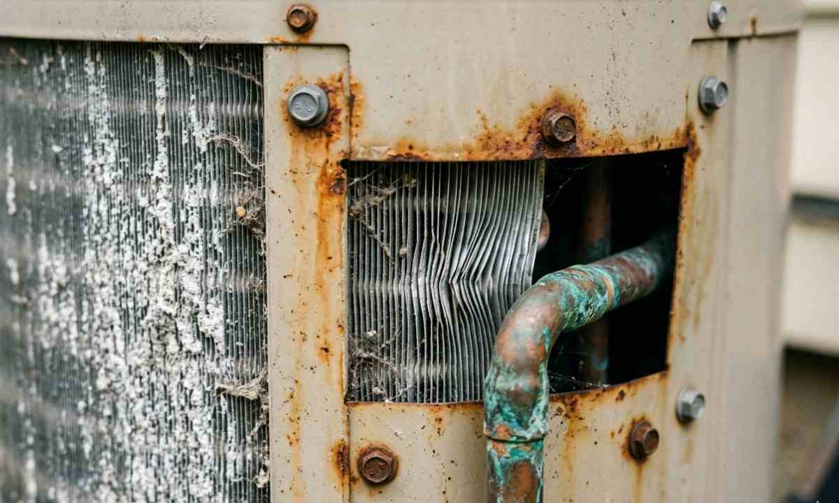 Close-up of a corroded outdoor condenser showing white oxidation on aluminum fins, green copper patina at a refrigerant connection, and rust around a cabinet fastener.