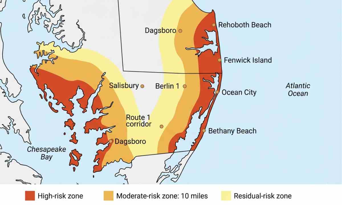 Map of the Delmarva Peninsula showing three salt air risk zones radiating inland from the Atlantic coast and Chesapeake Bay, with named communities marked in each zone.