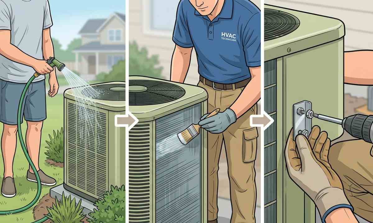 Three-panel illustration showing the sequence of HVAC salt corrosion protection: rinsing the condenser, applying anti-corrosion coating, and replacing fasteners with stainless steel hardware.