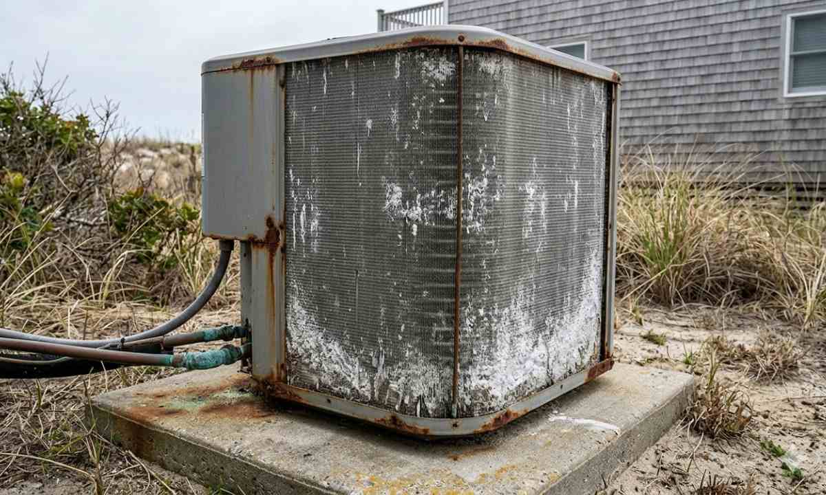 utdoor HVAC condenser unit with salt corrosion damage including oxidized fins, rust streaks, and green copper patina in a coastal yard.