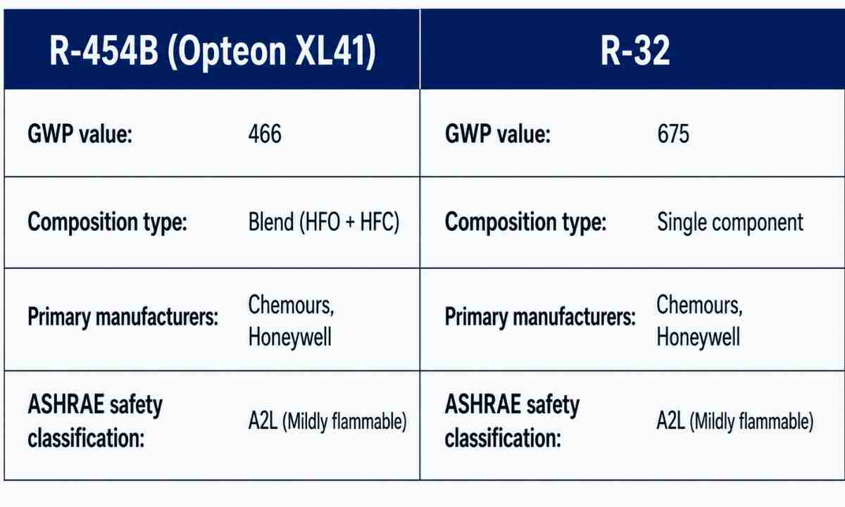 Side-by-side comparison of R-454B and R-32 refrigerants showing GWP, composition, major manufacturers, and ASHRAE safety classification