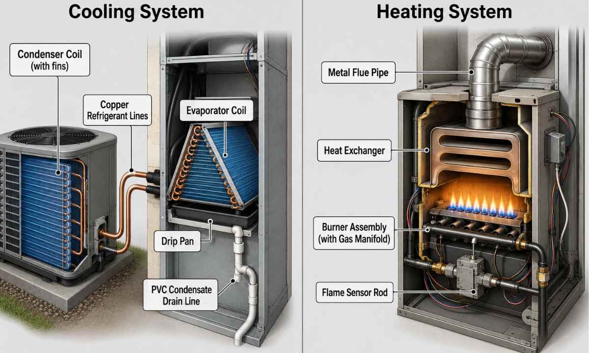 Side-by-side comparison of cooling system components including condenser and evaporator coils versus heating system components including heat exchanger and burner assembly