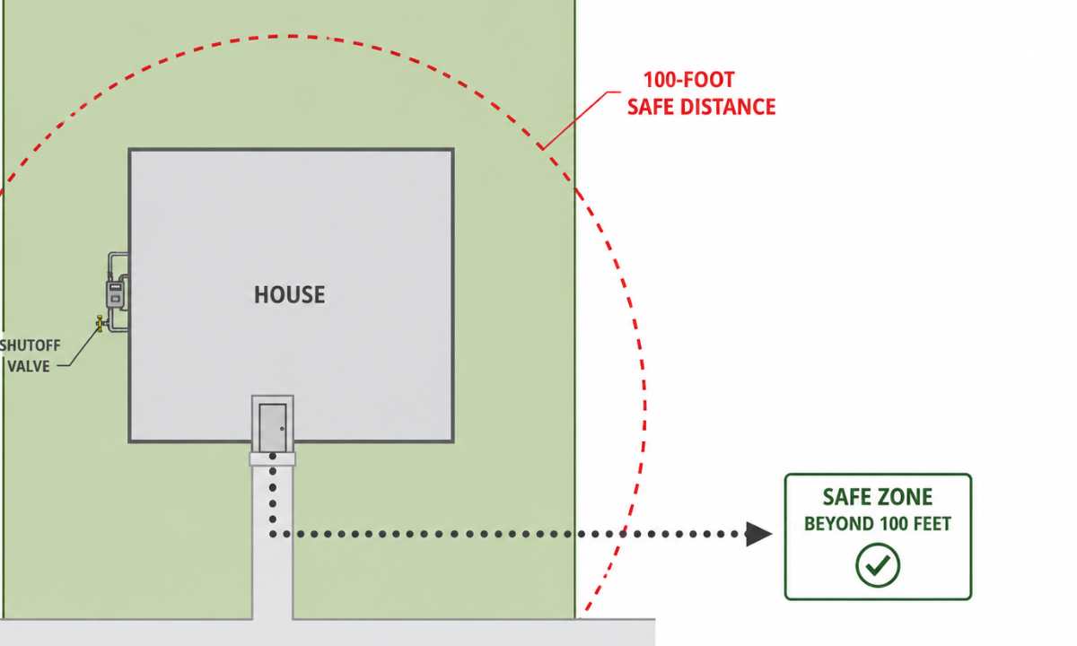 Overhead diagram of a residential property showing gas meter shutoff valve location, evacuation path from the house, and 100-foot safe distance perimeter