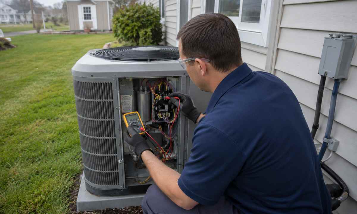 Technician using a multimeter to test capacitor and contactor connections inside an open outdoor condensing unit at a Delmarva Peninsula home