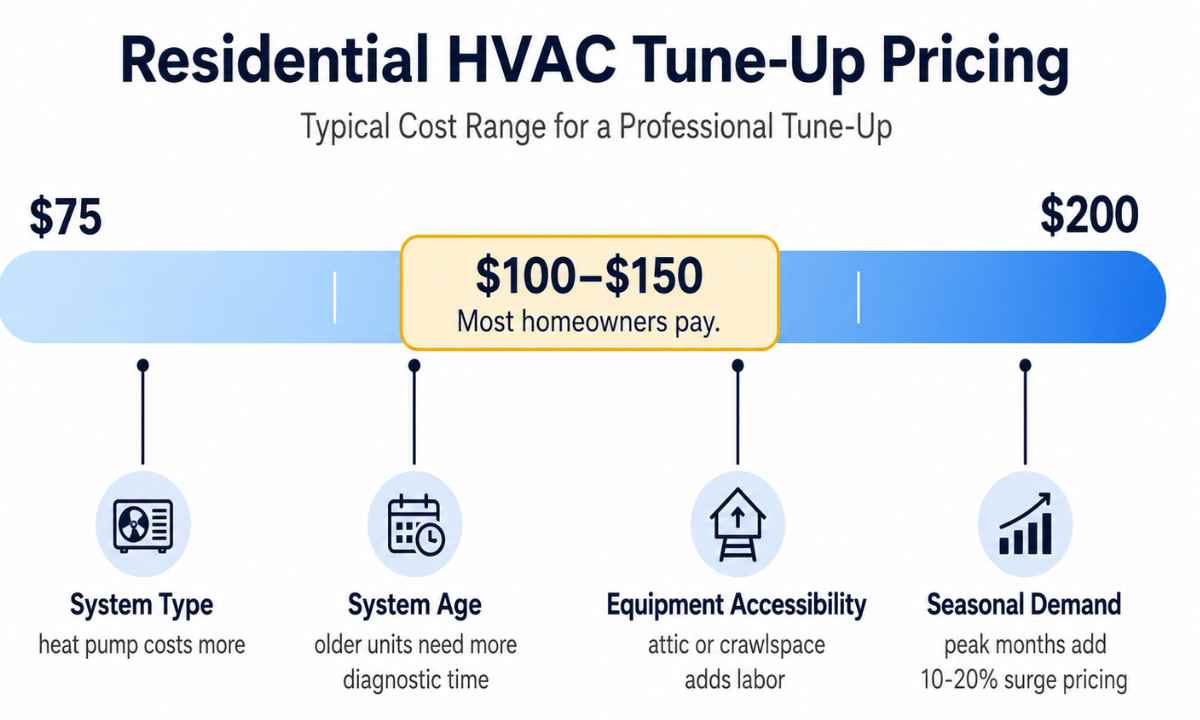 Cost range diagram showing HVAC tune-up prices from $75 to $200 with factors that shift pricing including system type, age, accessibility, and seasonal