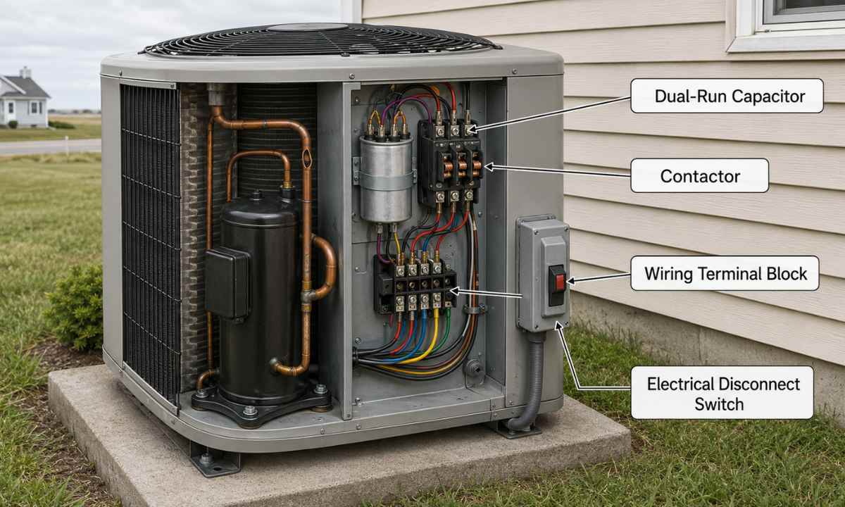 Labeled diagram showing capacitor, contactor, terminal block, and disconnect switch inside an open residential condensing unit