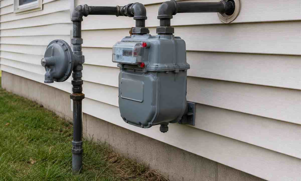 Natural gas meter, regulator, and black iron piping on the exterior wall of a vinyl-sided ranch home on the Delmarva Peninsula