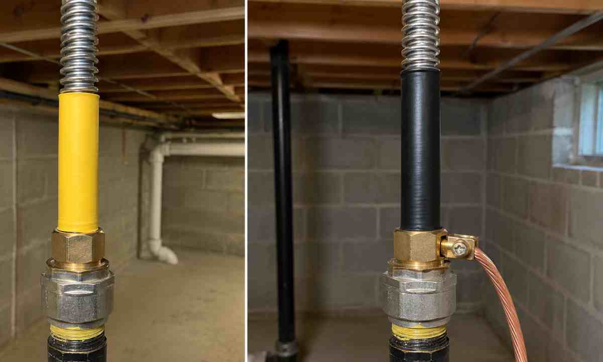 Side-by-side comparison of yellow-jacket and black-jacket corrugated stainless steel gas tubing with copper bonding wire attached to the black-jacket fitting