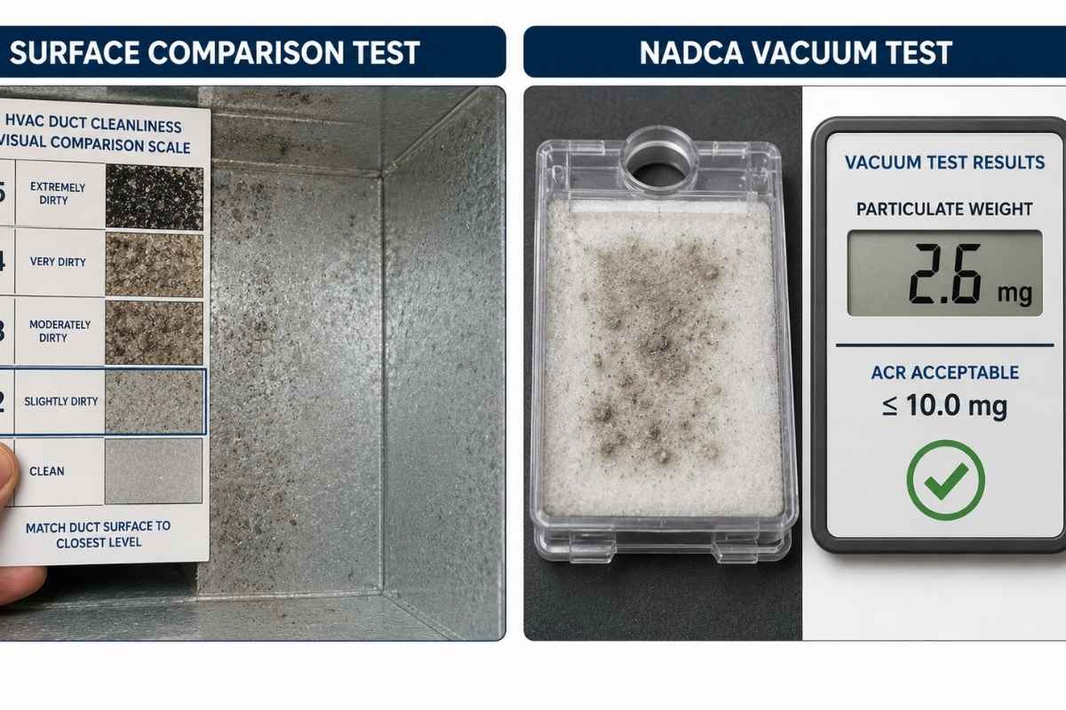 Side-by-side comparison of Surface Comparison Test visual scale against duct surface and NADCA Vacuum Test cassette with weight measurement against ACR threshold