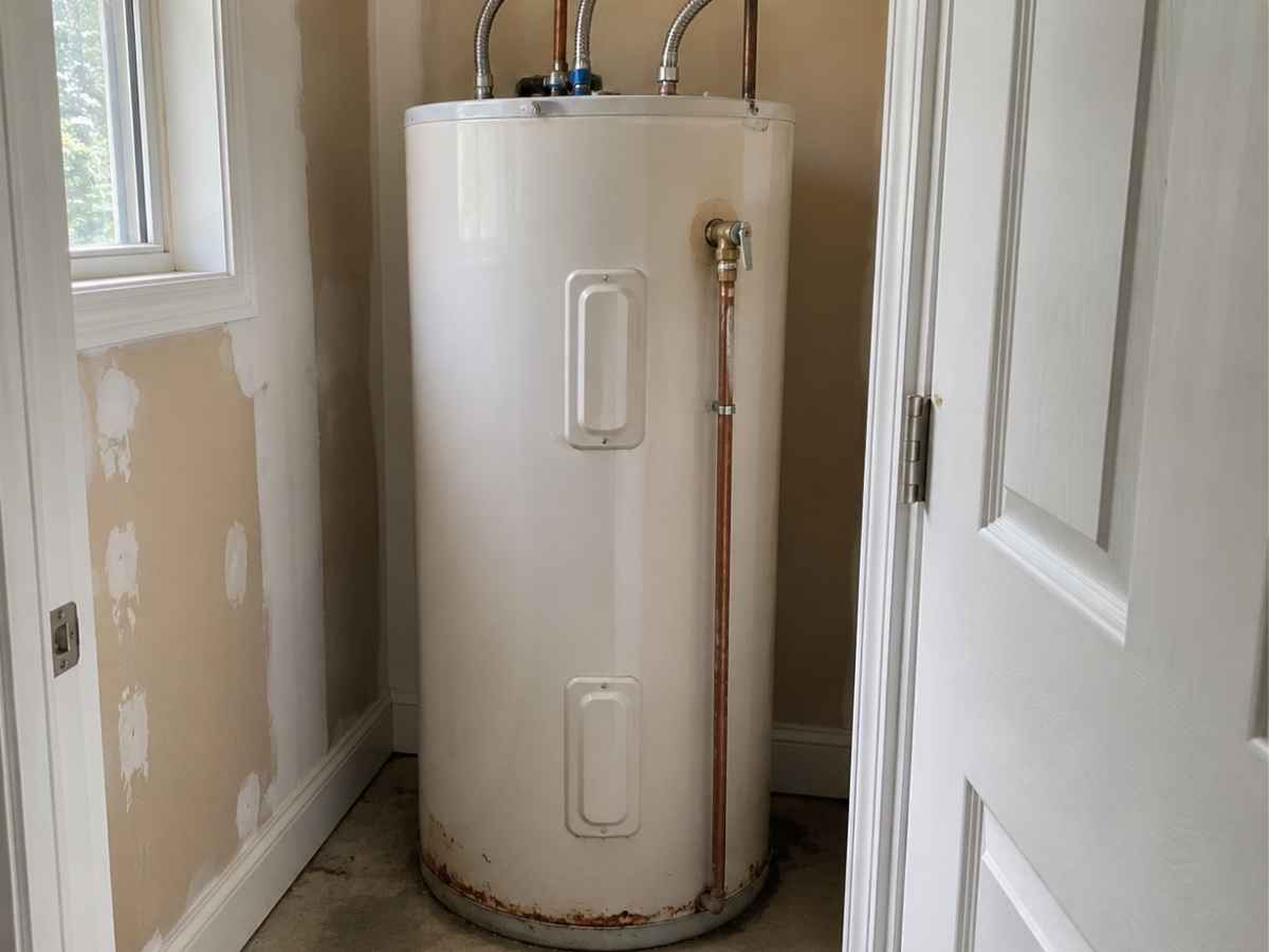 Residential tank water heater with rust staining at its base and bottom seam in a Mid-Atlantic utility closet.