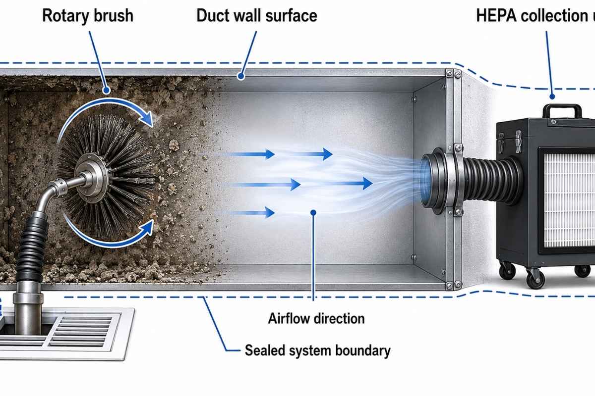 Cutaway diagram of duct interior showing rotary brush agitation with negative pressure airflow pulling debris toward HEPA collection unit