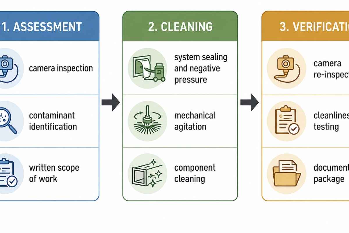 Process flow diagram showing assessment, cleaning, and verification phases of NADCA-compliant duct cleaning with key actions under each phase