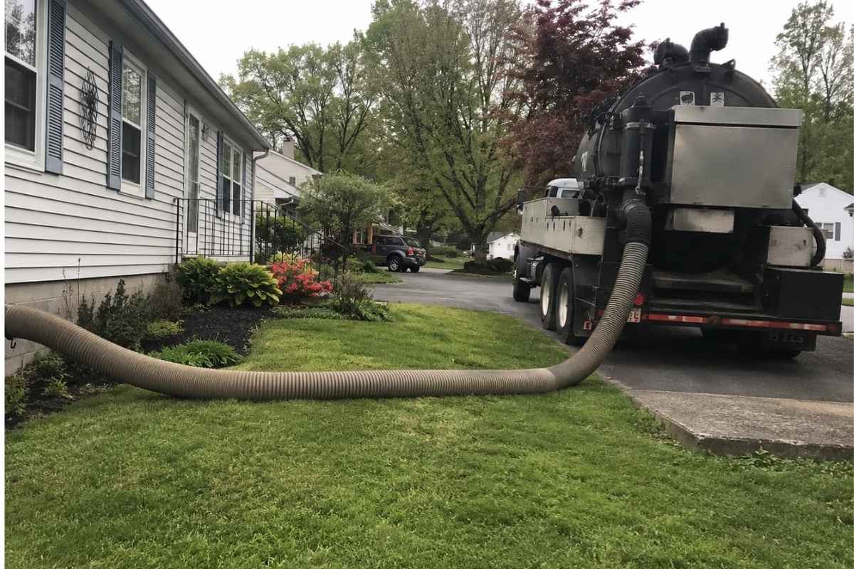 Truck-mounted vacuum hose connected to duct access point on Eastern Shore Maryland ranch home during source removal cleaning