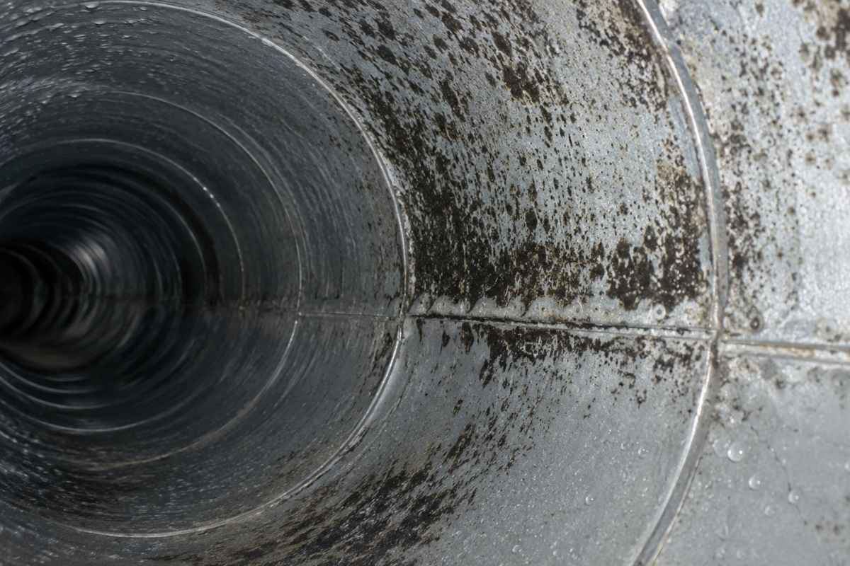 Dark mold patches on galvanized steel duct interior wall near seam joint with condensation moisture visible
