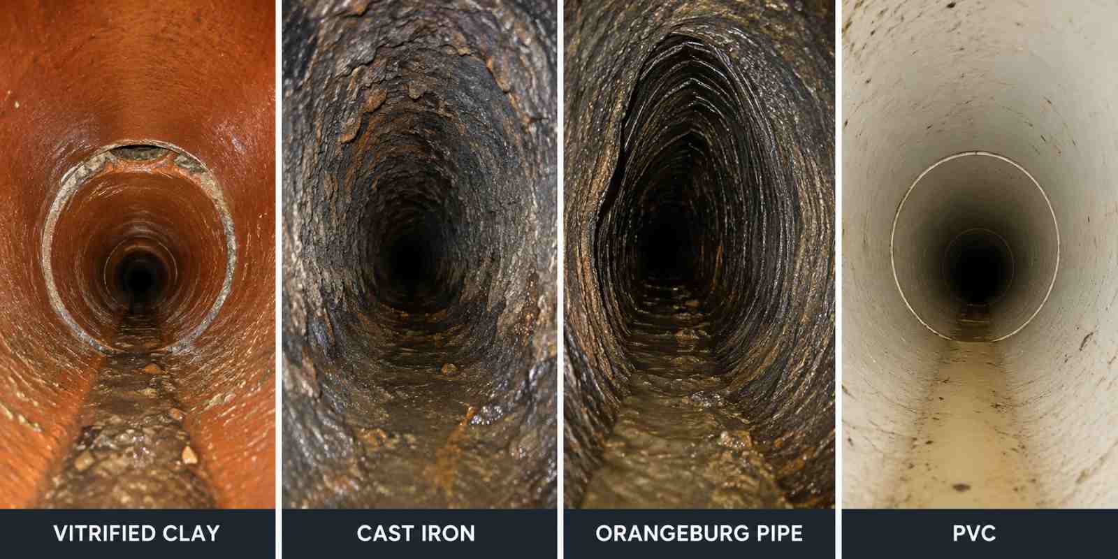 Four pipe interiors compared: glazed clay, corroded cast iron, deformed Orangeburg, and smooth PVC.