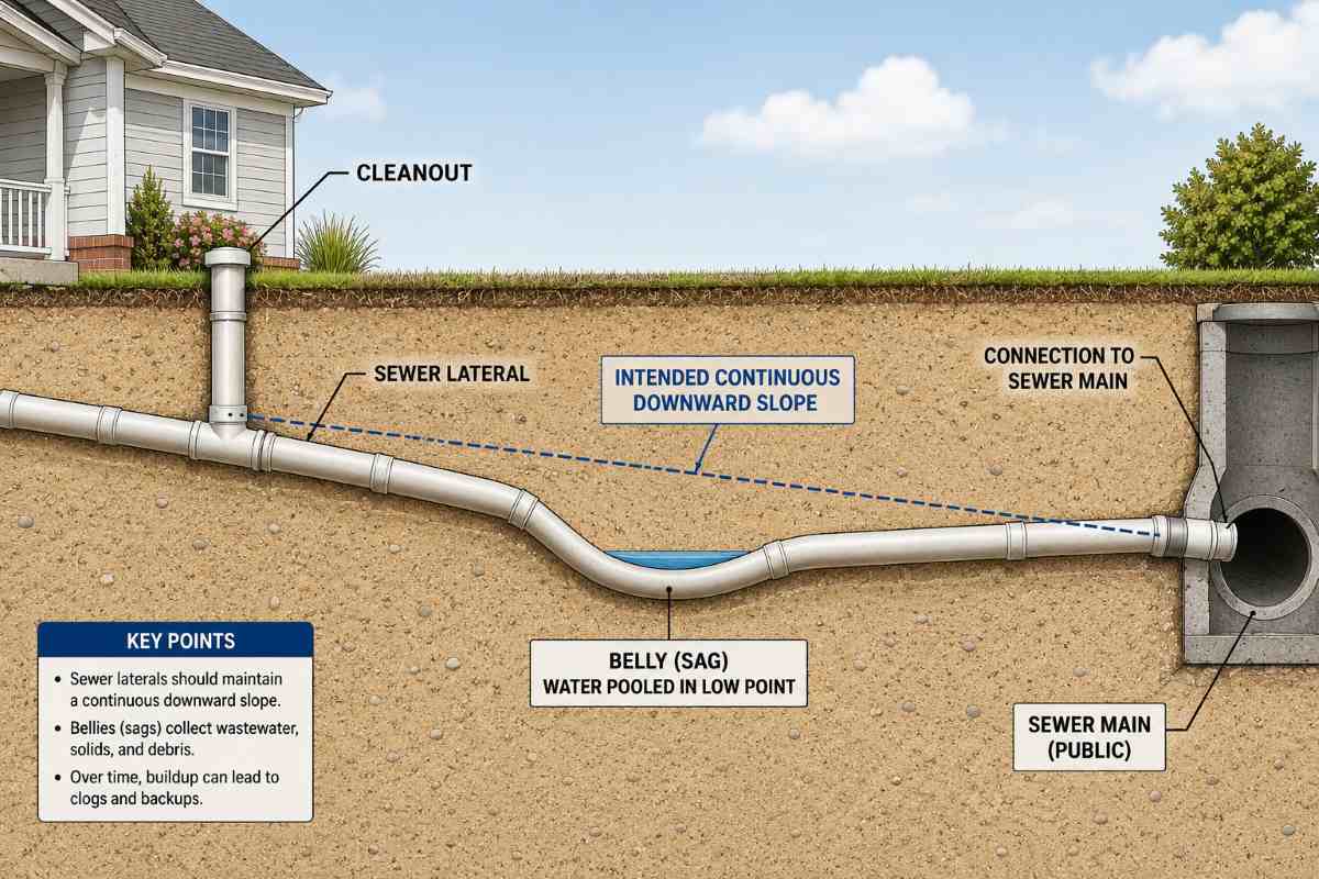 Side view of a sewer pipe sagging below its intended slope with water pooled in the low section.