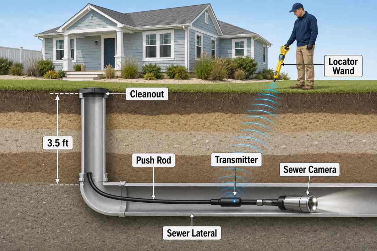 Cutaway of a buried pipe showing the camera inside and the sonde signal rising to a locator wand at ground level.