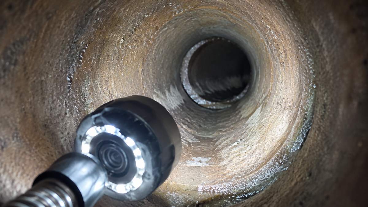 Sewer inspection camera lit inside a residential pipe, showing the interior wall and a joint ahead of the lens.