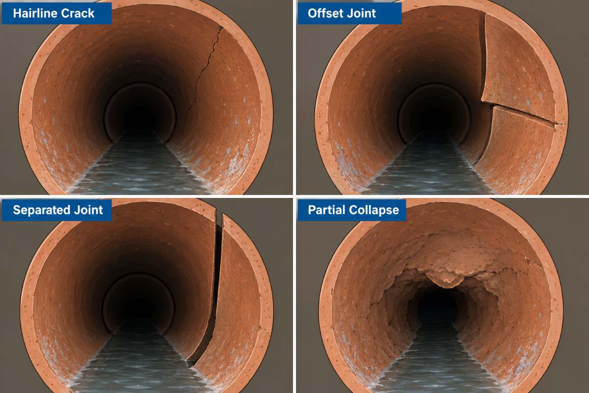 Four pipe-interior views comparing a crack, an offset joint, a separated joint, and a partial collapse.