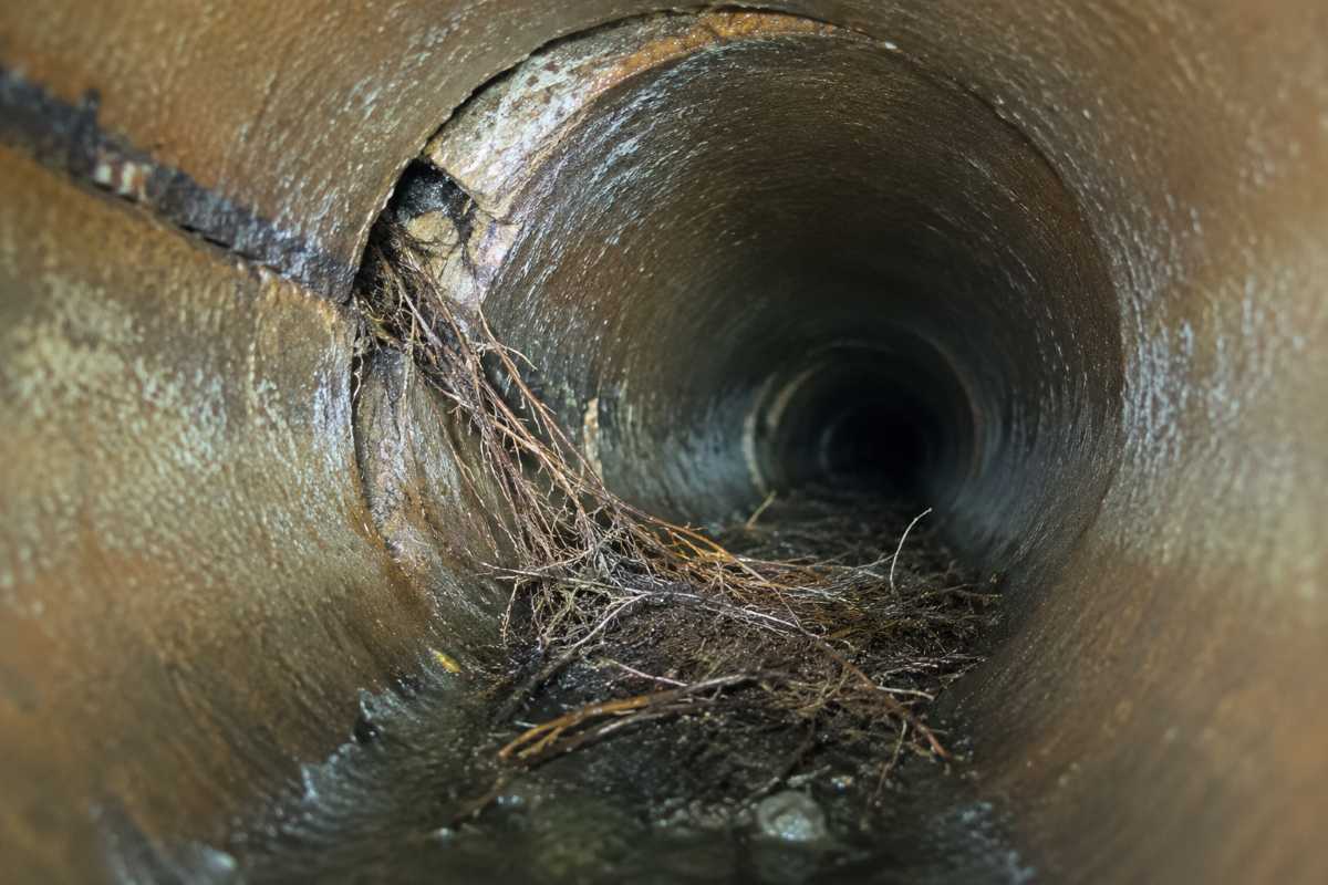 Fine tree roots entering an older clay pipe through a separated joint, with a root mass in the channel.